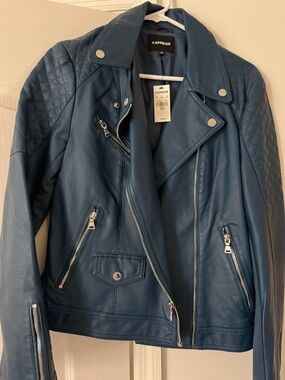 Express Women's Teal Faux Leather Moto Jacket